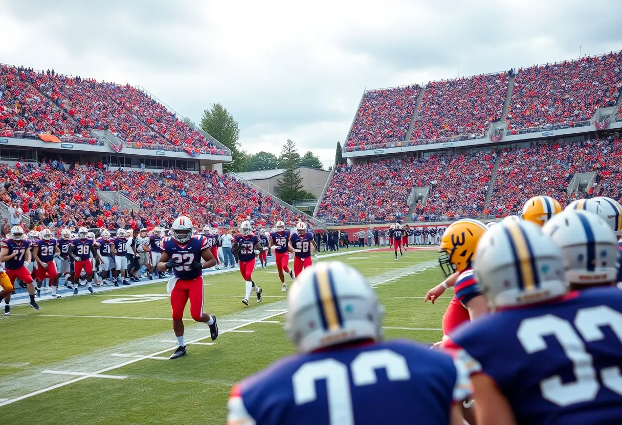 Nebraska football team celebrating their victory at Memorial Stadium