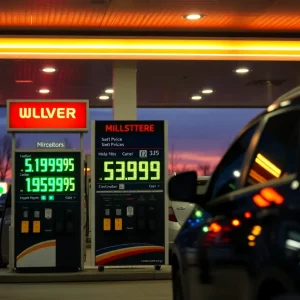Gas station in Nebraska showing recent gas price decline