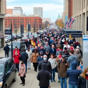 Residents standing in line at a federal office in Nebraska during the government shutdown.