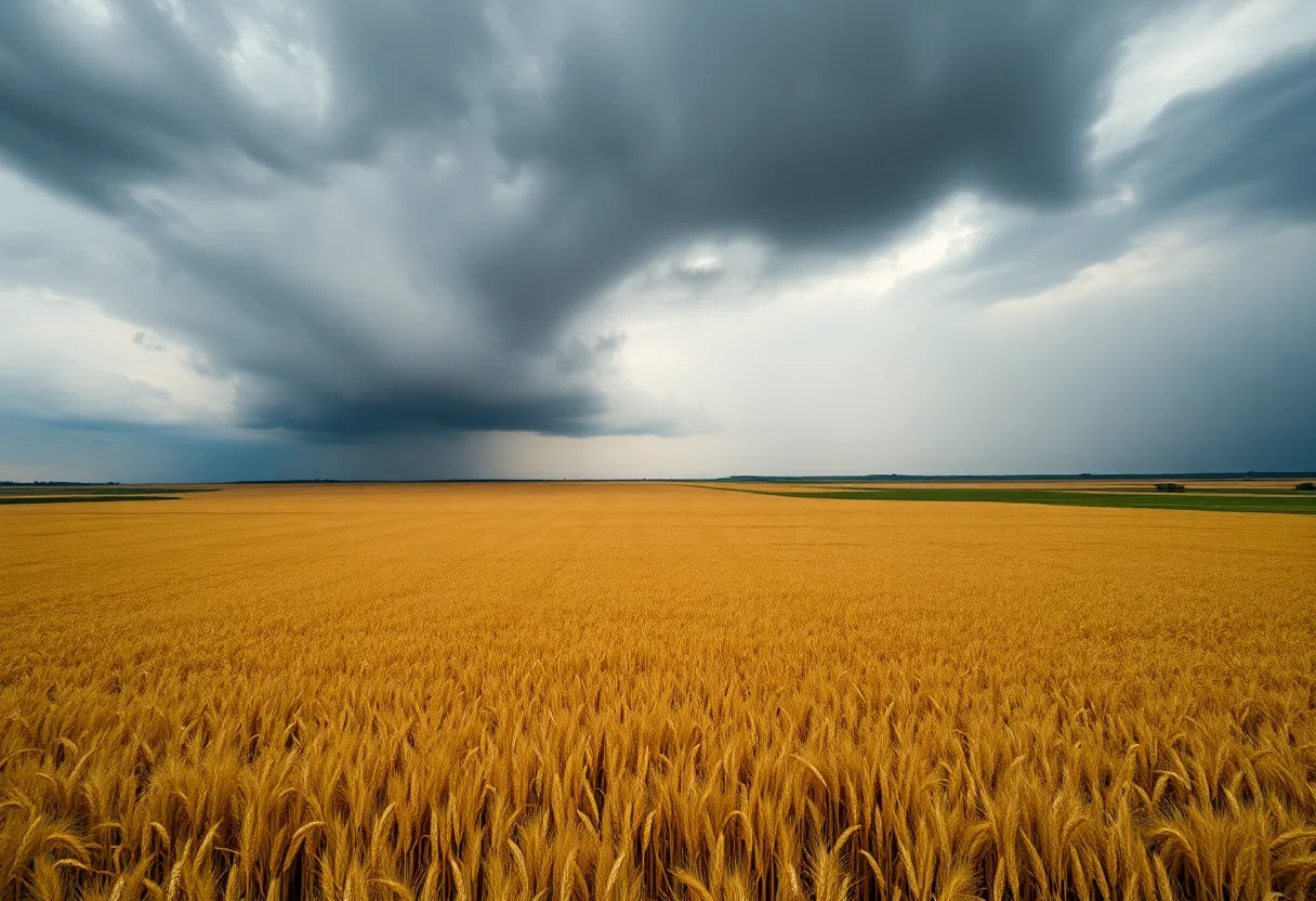 Aerial view of a Nebraska grain field under stormy skies