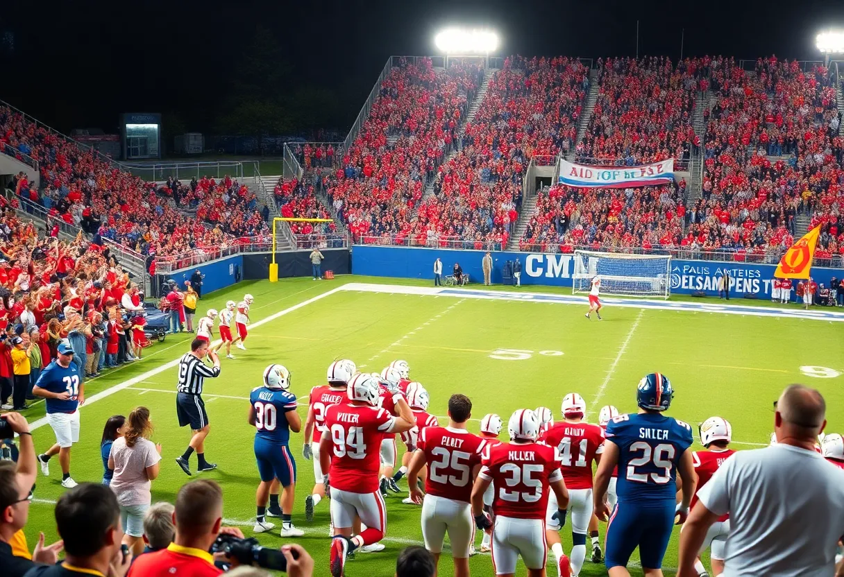 Fans cheering at a high school football game with teams on the field