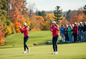 Girls competing in the Nebraska High School Golf Championships at Highlands Golf Course.