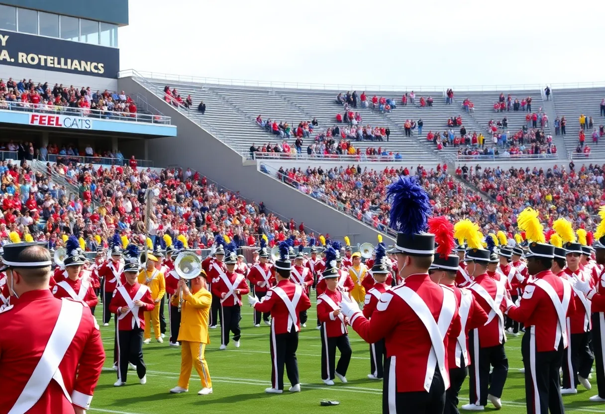 Marching band performing at Memorial Stadium
