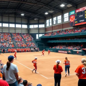 A lively atmosphere at the Nebraska high school softball tournament in Omaha, featuring fans and players.