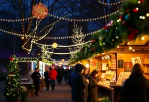 Nebraska Holiday Market showcasing vendors and festive lights at Lauritzen Gardens