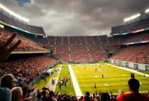Crowd celebrating during Nebraska Cornhuskers football game.