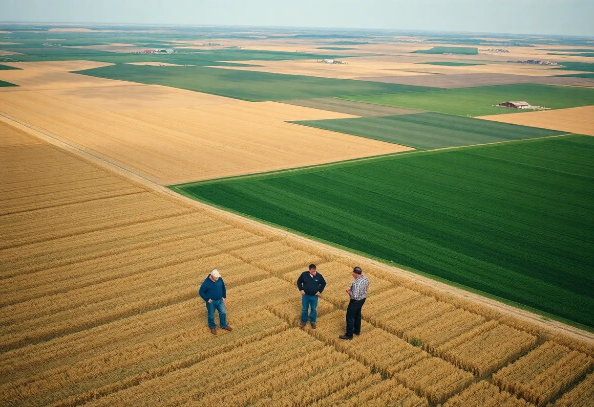 Aerial view of farmlands in Nebraska and Iowa with farmers in discussion.