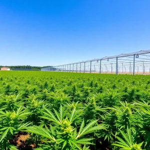 A cannabis grow facility in Nebraska with lush plants under a blue sky.