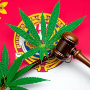 A gavel, cannabis leaves, and the Nebraska state flag symbolizing medical cannabis regulations.