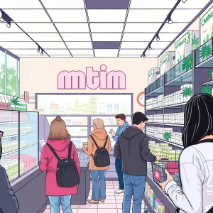 A vibrant medical marijuana dispensary in Omaha, featuring various products and happy customers.