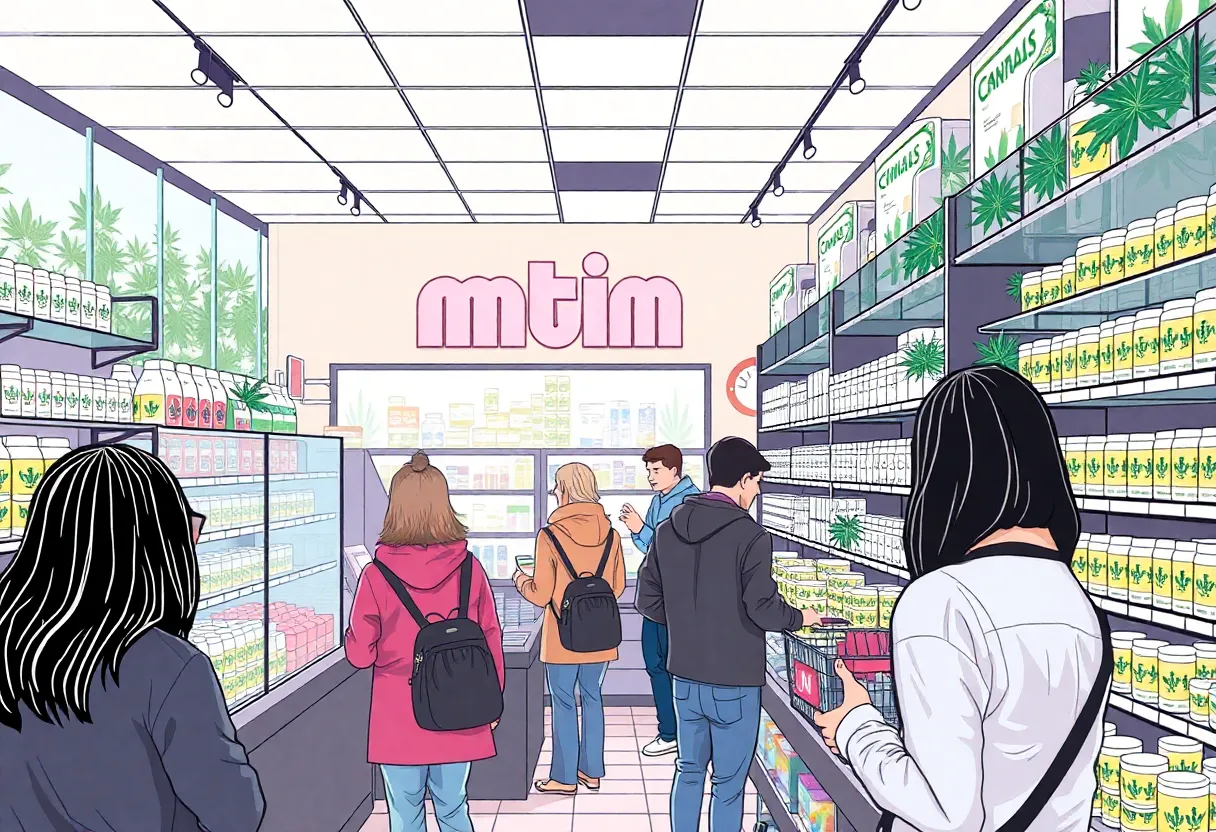 A vibrant medical marijuana dispensary in Omaha, featuring various products and happy customers.