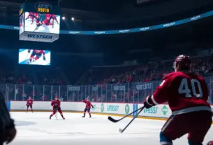 Nebraska Omaha hockey team celebrating an overtime victory at Baxter Arena.