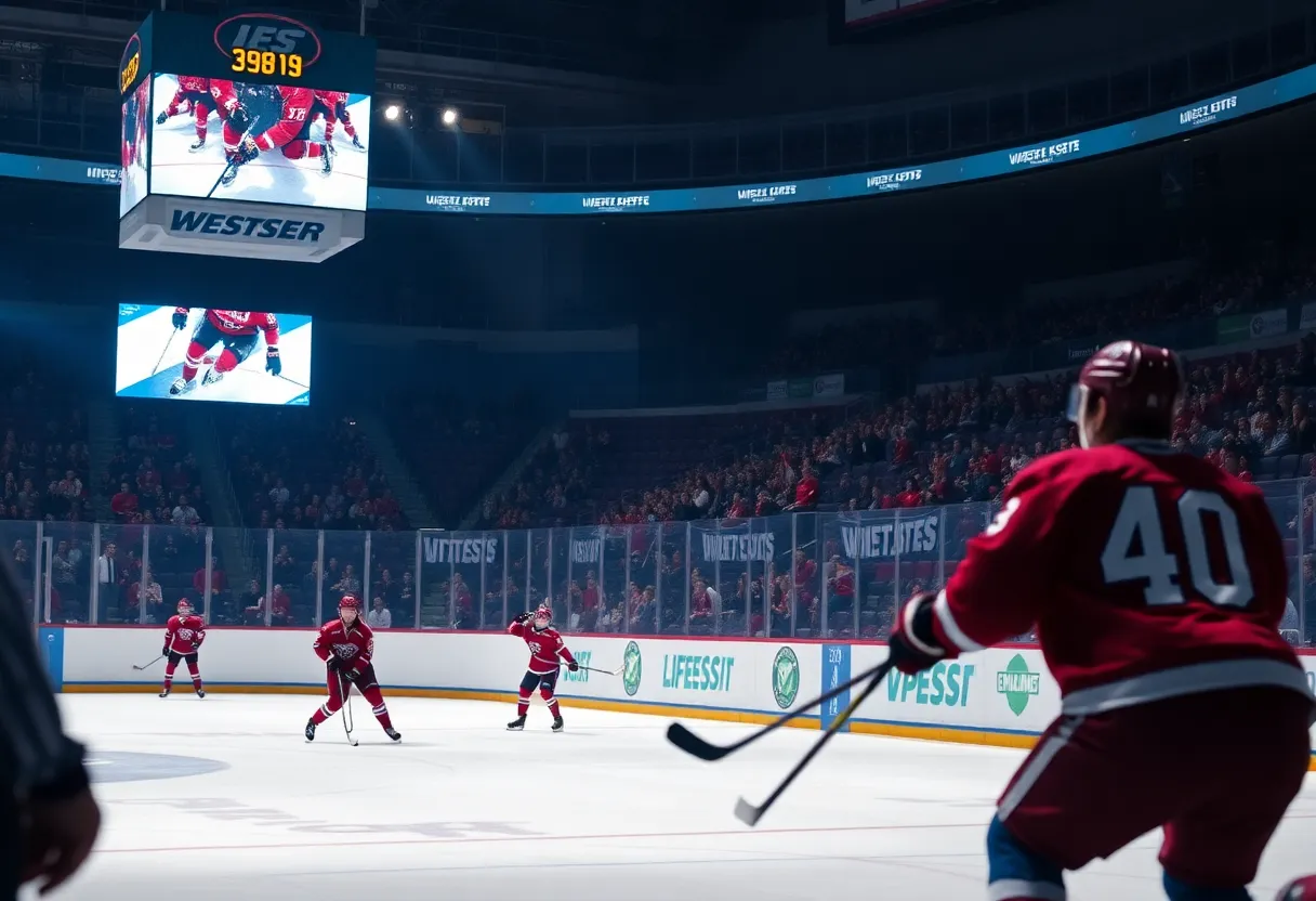 Nebraska Omaha hockey team celebrating an overtime victory at Baxter Arena.