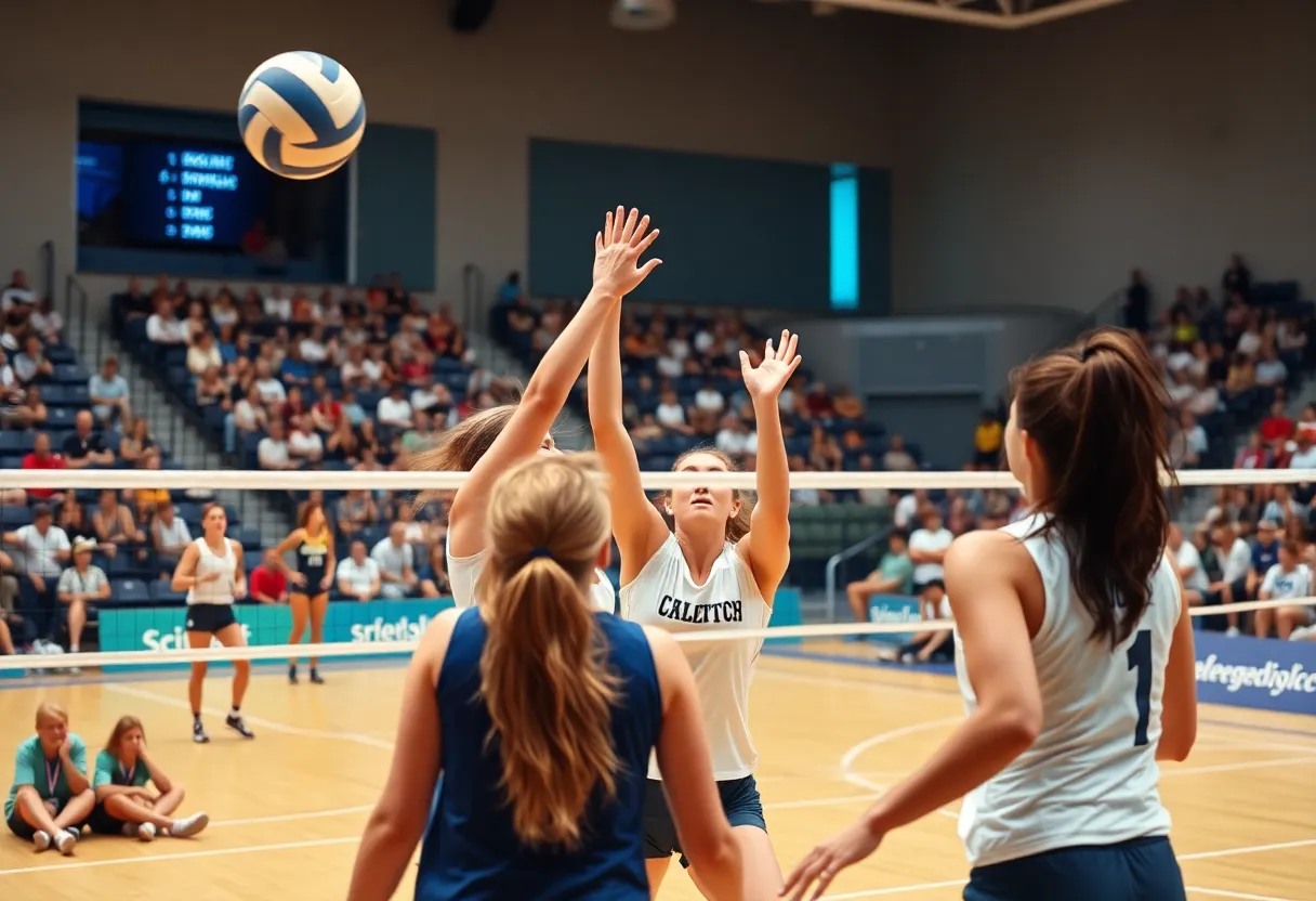 Nebraska-Omaha women's volleyball team in action during a match against Denver