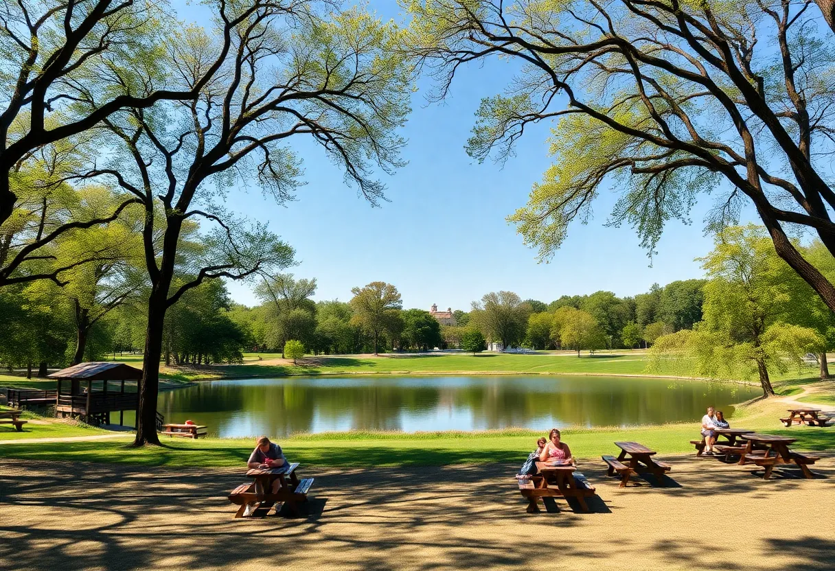 Scenic view of a Nebraska park with families enjoying the outdoors