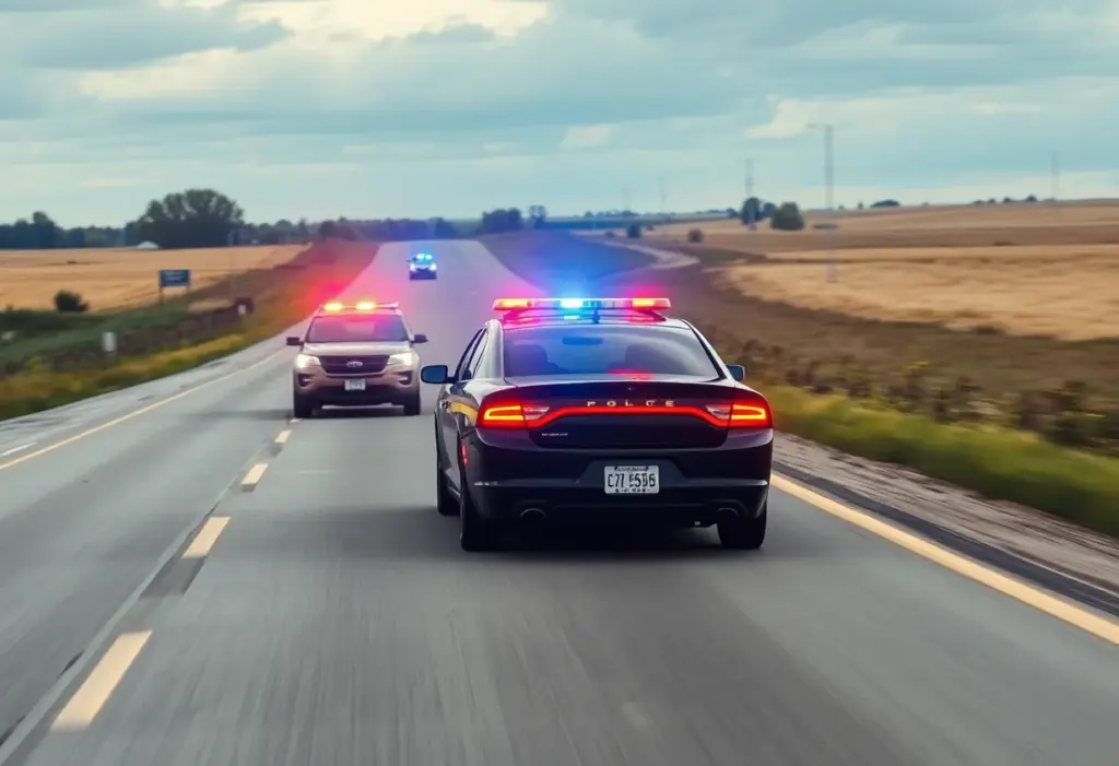 Nebraska State Patrol vehicle pursuing a suspect's car on a rural highway.