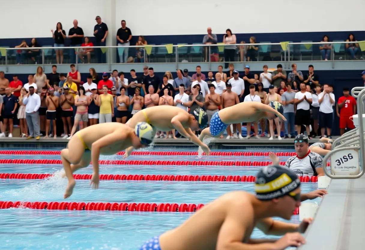 Swimmers from the University of Nebraska competing in a dual meet