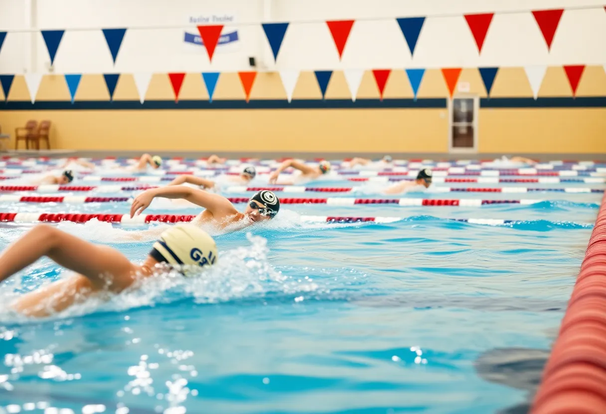 Nebraska swimming teams competing in a relay race at the Anschutz Complex