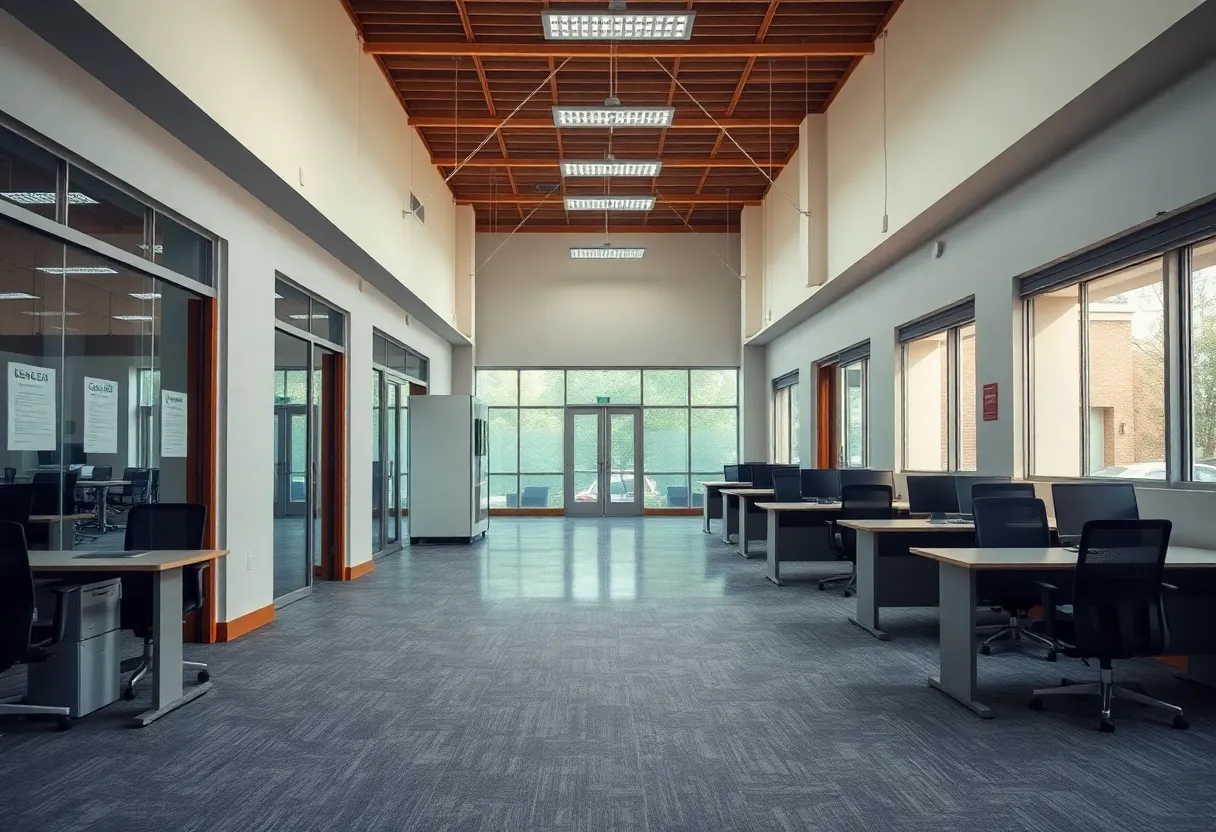 Nebraska Wesleyan University campus view showing empty offices related to recent layoffs