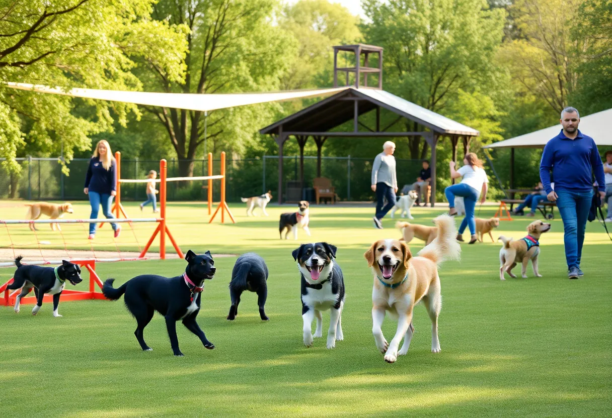 Dogs playing in a new dog park in Blair, Nebraska with agility courses and shaded areas.