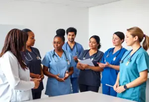 Diverse nursing faculty members engaging with students in a classroom at Nebraska Methodist College.
