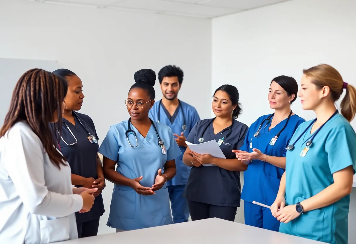 Diverse nursing faculty members engaging with students in a classroom at Nebraska Methodist College.