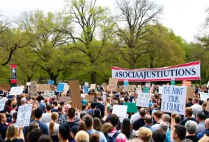 Crowd at the No Kings rally in Turner Park, Omaha, holding signs for social justice.