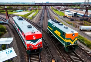 Illustration of freight trains merging, symbolizing the Norfolk Southern and Union Pacific merger challenges.