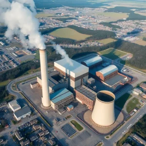 Aerial view of the North Omaha Coal Plant with nearby residential areas.