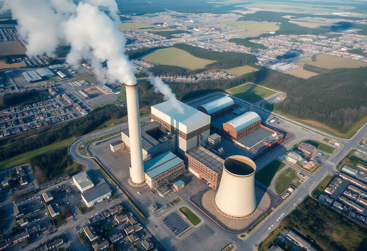 Aerial view of the North Omaha Coal Plant with nearby residential areas.