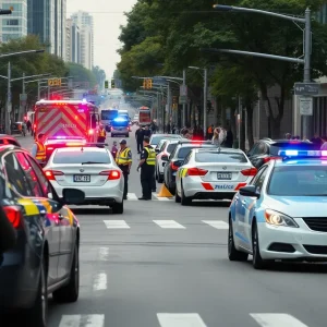 Emergency responders attending to a crash scene involving police vehicles in North Omaha.