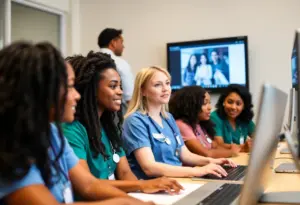 Students training in nursing simulation environment