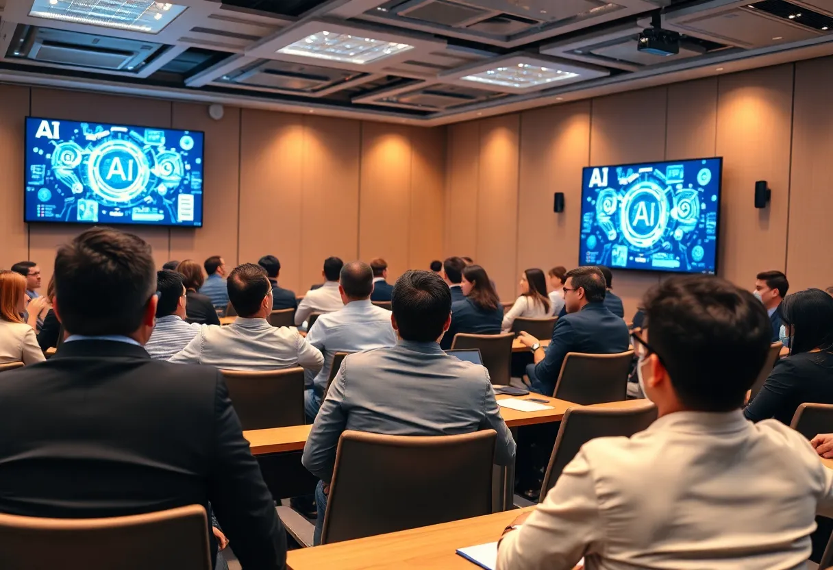 Professionals discussing artificial intelligence applications at the OMA x AI event in Omaha.