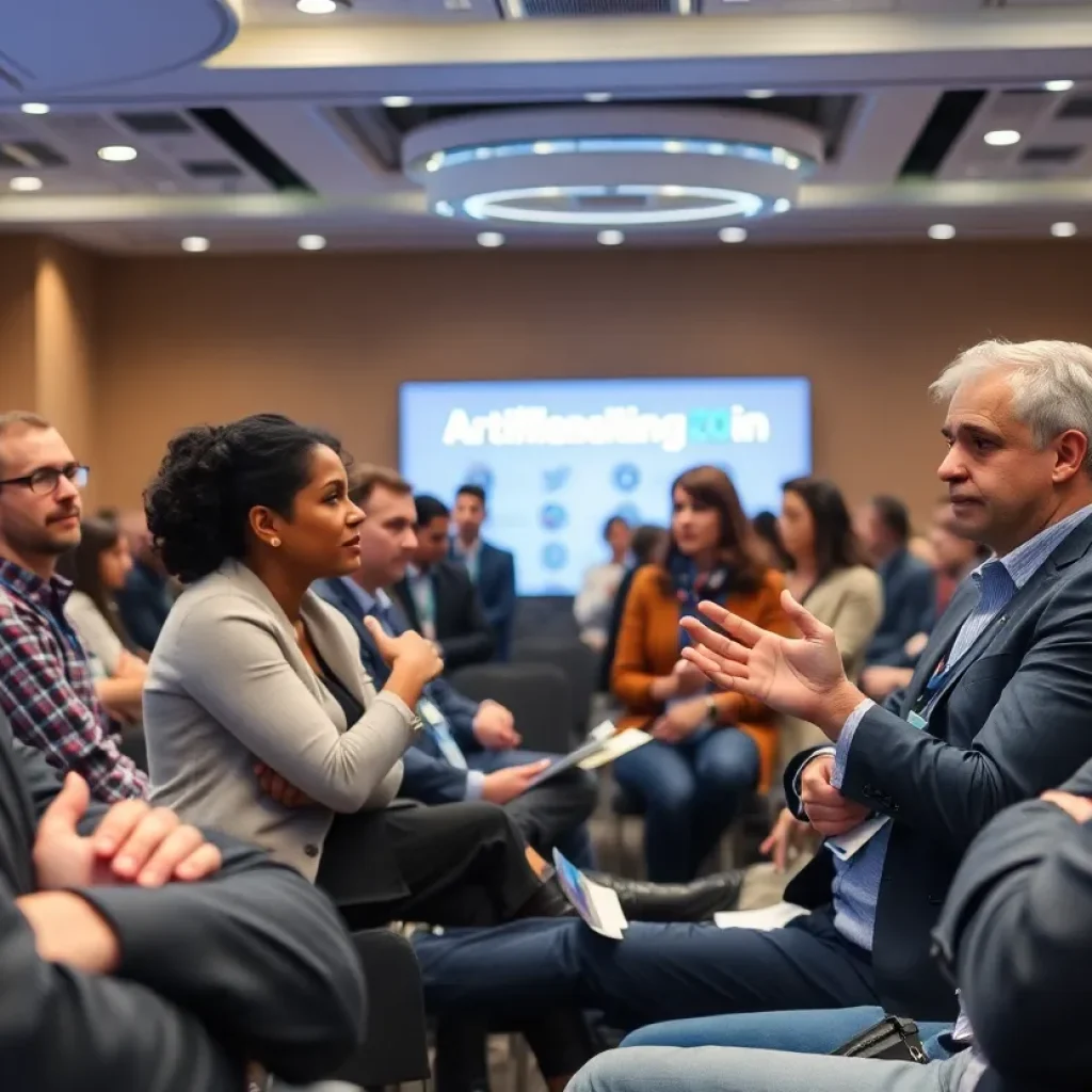 Conference attendees engaging in discussions about AI tools and practices.