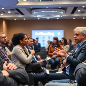 Conference attendees engaging in discussions about AI tools and practices.
