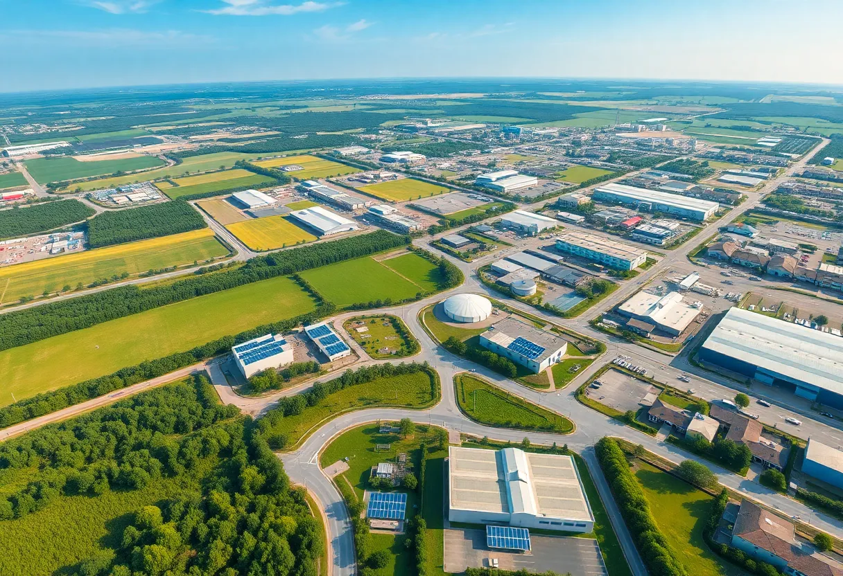 Aerial view of Omaha's Airport Business Park focused on sustainable industrial development.