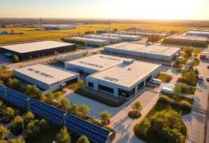 Aerial view of the Omaha Airport Business Park with modern tech and manufacturing buildings.