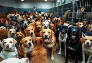 Crowded animal shelter with pets looking for homes