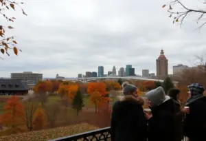 Scenic autumn view in Omaha with cloudy skies and people enjoying coffee
