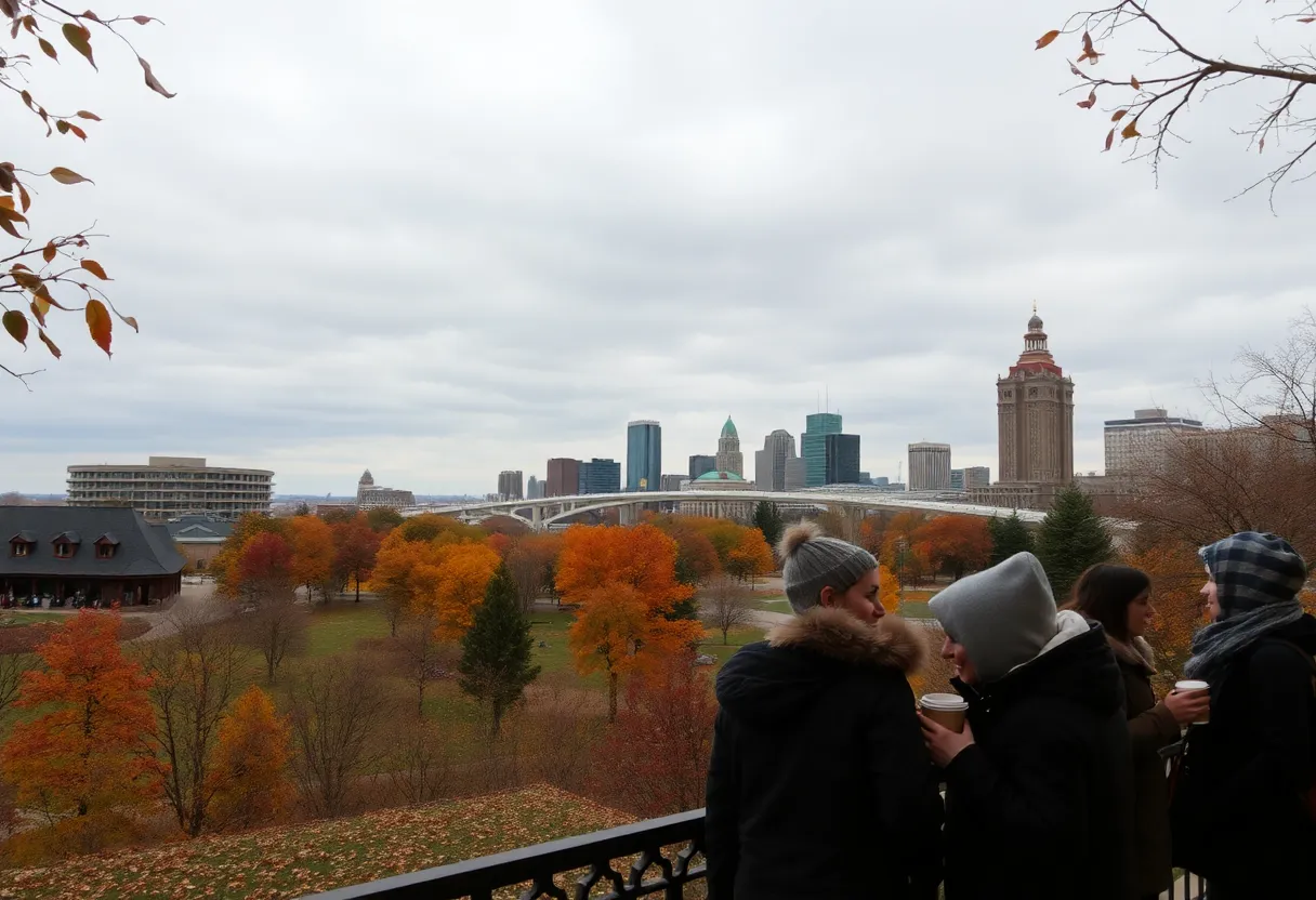 Scenic autumn view in Omaha with cloudy skies and people enjoying coffee