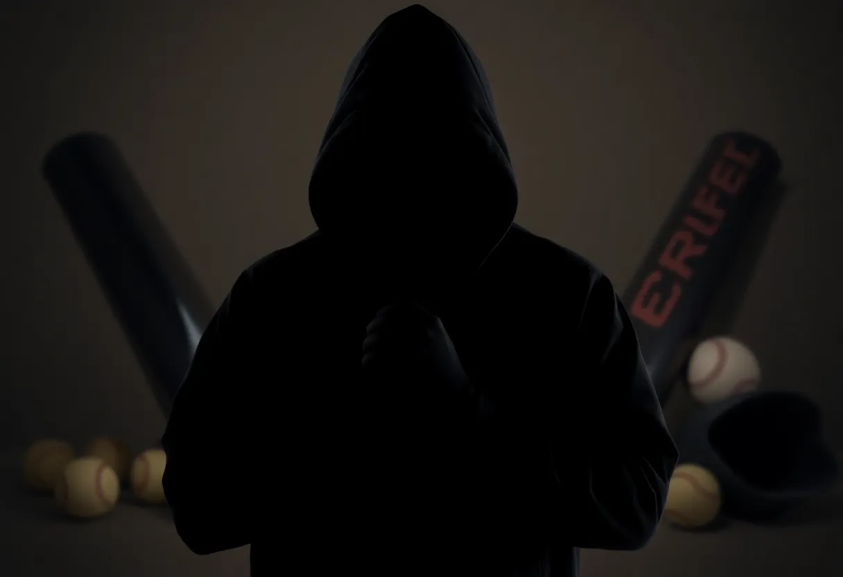 Shadowy figure and baseball elements representing recruiting scandal in Omaha.