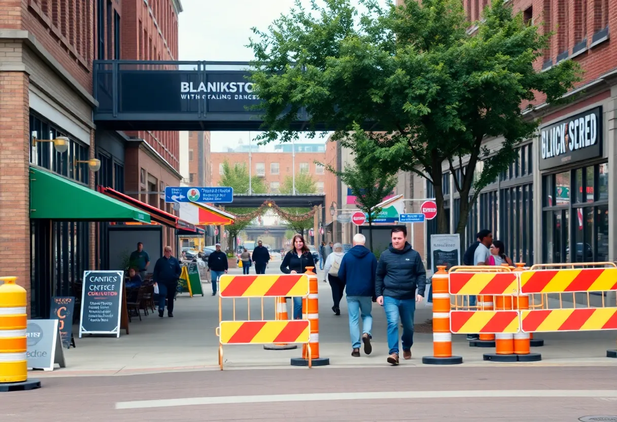 Pedestrians and pop-up cafes in Omaha's Blackstone District during construction.