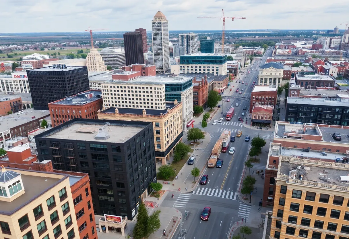 Aerial view of Omaha's Blackstone District during streetcar construction.