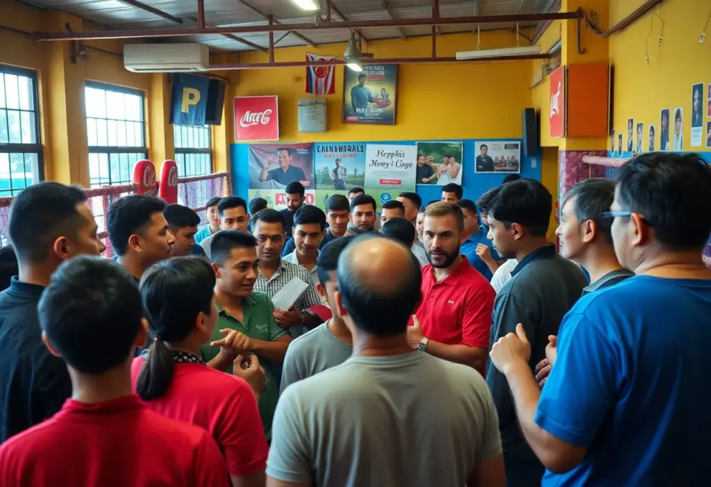 Fans in a boxing gym discussing strategies and showing support for a local boxing star.
