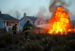 Firefighters battling a brush fire in Omaha, protecting homes.
