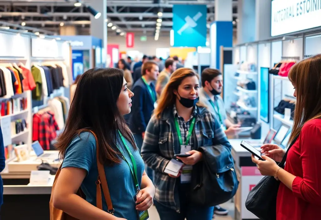 A bustling exhibition hall at the Omaha Business Expo showing local entrepreneurs and attendees interacting.