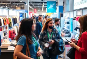 A bustling exhibition hall at the Omaha Business Expo showing local entrepreneurs and attendees interacting.