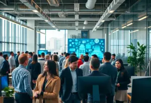 Omaha professionals collaborating with AI technology in an office environment