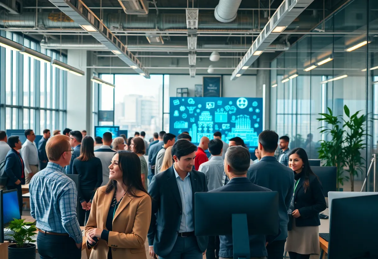 Omaha professionals collaborating with AI technology in an office environment