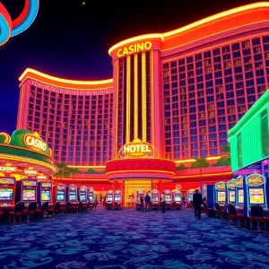Rendering of Omaha's WarHorse Gaming casino expansion with new slot machines and luxury hotel wing.